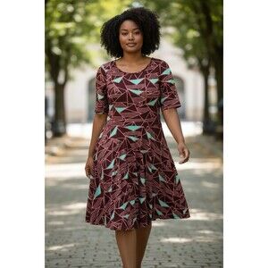 LuLaRoe XL Fit & Flare Dress Geometric Burgundy Half Sleeve